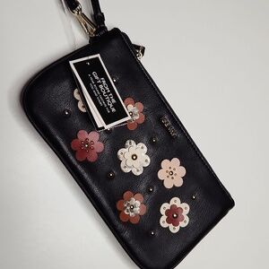Black Floral Appliqué Wristlet Bag
